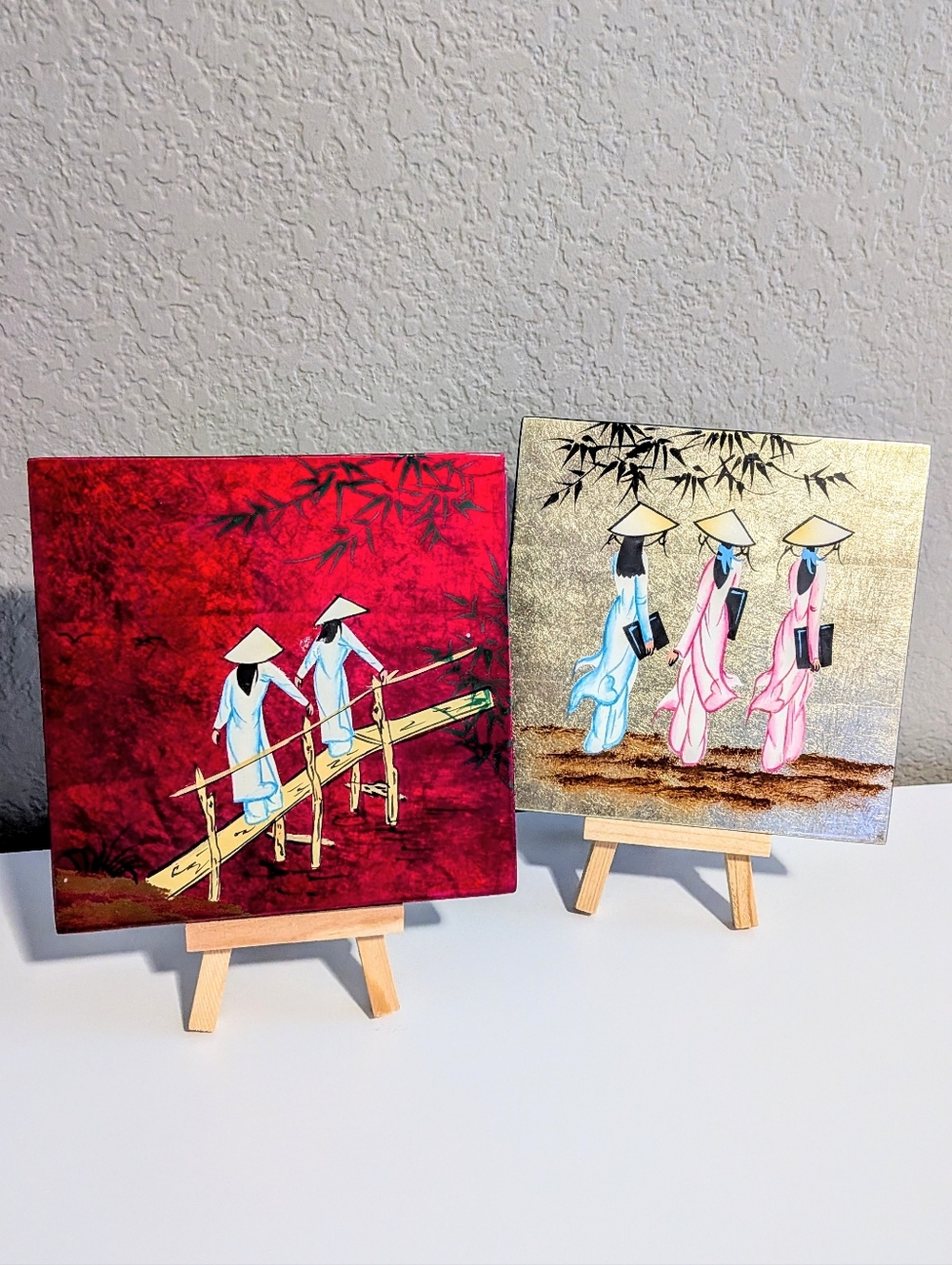 Traditional Asian Figurative Lacquer Canvas Art Prints in Red and Gold